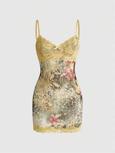 ROMWE Y2K Vacation Lace Patchwork Floral Print Mini Dress