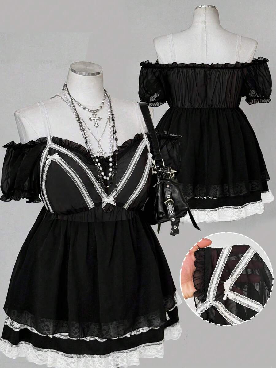 Sunspun Áo sơ mi tay ngắn trễ vai màu trơn cỡ lớn bằng vải chiffon với viền bèo nhún và nơ. - màu đen - Xem 1