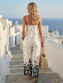 SHEIN LUNE Bộ áo liền quần nữ in họa tiết tối giản, phong cách thường ngày, đa năng cho kỳ nghỉ, phù hợp cho mùa hè. - trắng - Xem 2