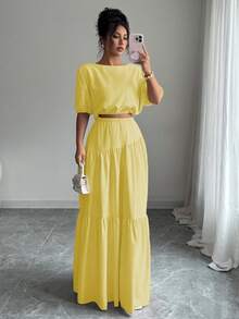 Elenzga 优雅浪漫女士两件套：花瓣袖露脐上衣和A字裙 - 淡黃色 - 查看 3