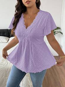 SHEIN Frenchy Kaos Wanita Ukuran Besar Motif Tie Dye Bunga Model A-Line Leher V dengan Patchwork Renda dan Tekstur - Purple - View 6