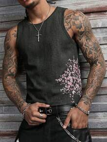 AXEPEAK Men's Casual Floral Print Tank Top, Summer - Black - View 1