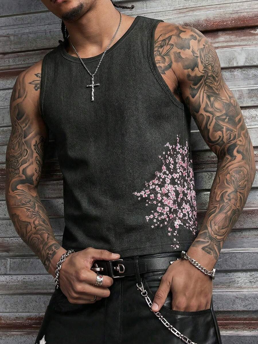 AXEPEAK Men's Casual Floral Print Tank Top, Summer - Black - View 1