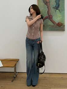 DAZY Solid Color Collared Fitted Short Sleeve White Blouse For Women Summer - Brown - View 3