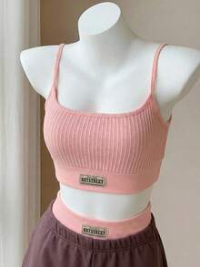 Comfortcana 女士休闲街头风字母印花露脐上衣和二合一短裤套装，夏季字母印花背心和撞色拼接长裤，粉色和棕色，可爱装扮 - 彩色 - 查看 6