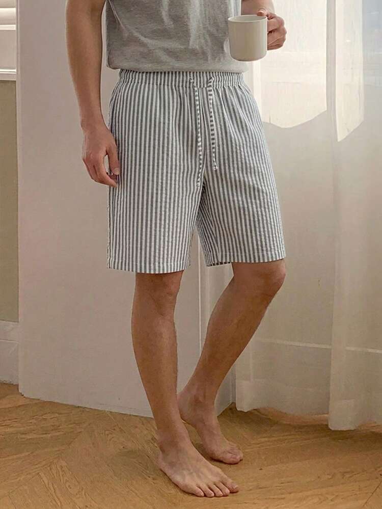 Men's Striped Elastic Waist Shorts, Casual Home Wear For Summer