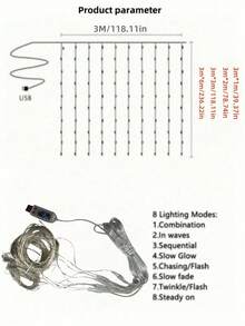 1PC 300/200/100 LED Curtain String Lights With Remote Control, 8 Modes, Size 298.7*298.7/201/100cm, USB Powered, Convenient USB Connection, Metal Curtain Light Decor, Bedroom Lighting - White - View 9