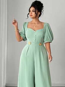 Mono elegante de pierna ancha con cuello cuadrado, manga corta y decoración de botón metálico, adecuado para primavera/verano, vuelta al colegio, vacaciones, graduación, San Valentín, Navidad, festival de música, Día de la Madre, Halloween, Acción de Gracias, Pascua, Día Nacional, gala, cita, temporada de bodas, actividades al aire libre, talla grande - Verde - Ver 8
