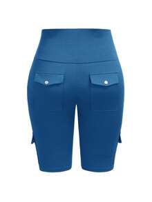 SHEIN LUNE Quần short chạy bộ cỡ lớn cạp cao, gập gấu, có túi, giúp định hình vòng ba và nâng mông. - Màu xanh ngọc - Xem 2