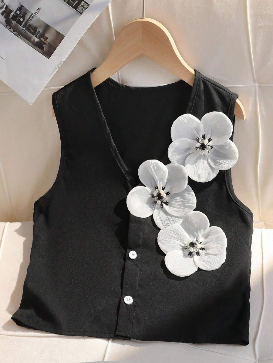SHEIN 春夏少女宽松休闲优雅3D立体印花衬衫,适合通勤、休闲、度假、朋友聚会等场合 - 黑色 - 查看 1