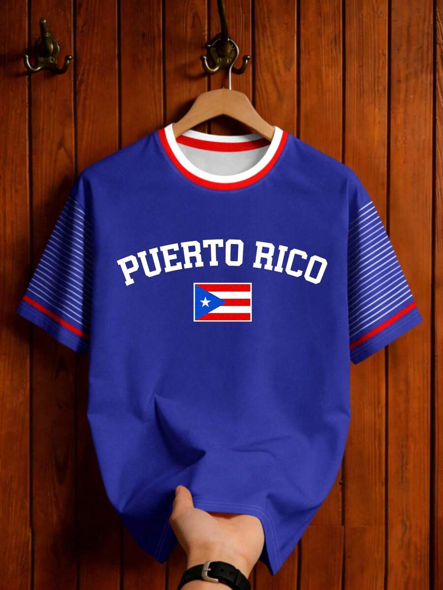 Aesthetic Post 撞色领棒球衫款式，波多黎各国旗印花，条纹袖休闲运动T恤，复古学院风弧形字母宽松短袖上衣，适合日常穿着、运动、校园、男士、情侣装T恤 - 彩色 - 查看 1