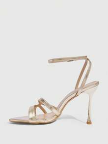 CUCCOO SZL Giày nữ mũi nhọn gót mỏng màu vàng sọc mỏng quai ngang mắt cá chân thời trang đơn giản gợi cảm dự tiệc, hộp đêm, giày cao gót hở mũi dành cho nữ. - Vàng - Xem 4