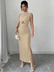 SHEIN Raffinéa Black Sleeveless High Neck Cutout Waist Textured Fabric Dress For Women - Apricot - View 3