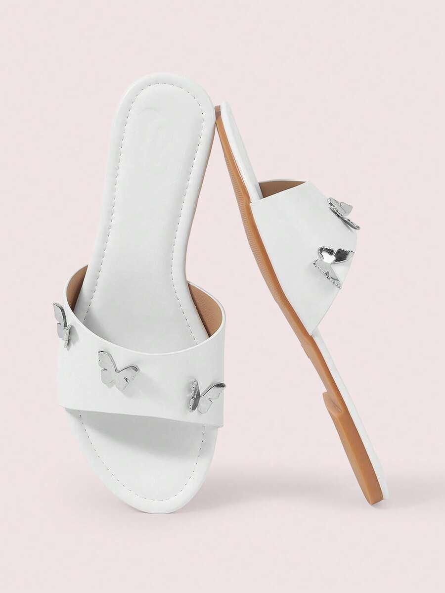 CUCCOO DOLLMOD Sandal đế bằng màu trắng thoải mái cho nữ, sandal đế bằng hình bướm kim loại phong cách ngọt ngào. - trắng - Xem 1