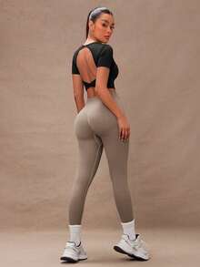 Summer Sexy Twist Open Back Crop Sports T-Shirt Gym Women Shirts - Black - View 8