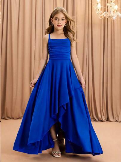 Tween Girls' Elegant Fashion Luxurious Spaghetti Strap Criss-Cross Shoulder Sleeveless High Waist Cinched Waist Flared Hem Long Asymmetrical Hem Design Solid Satin Shiny Fabric High-End Christmas, Graduation, Party, Halloween Event Dress Tween Bridesmaid Dress Long Girls Bridesmaids Blue Dresses Luxury Square Neck Long Dresses For Tweens Junior Bridesmaid Dress Blue Formal Tween Dress Royal Blue Dress For Teen Girls Blue High Low Dress Blue Dress Tween Flared
