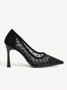CUCCOO CHICEST 女士户外尖头细高跟鞋，羊毛圆点装饰网布面料，时尚舒适，适合日常、派对、婚礼、宴会等场合，一脚蹬款式 - 靜夜黑色 - 查看 3