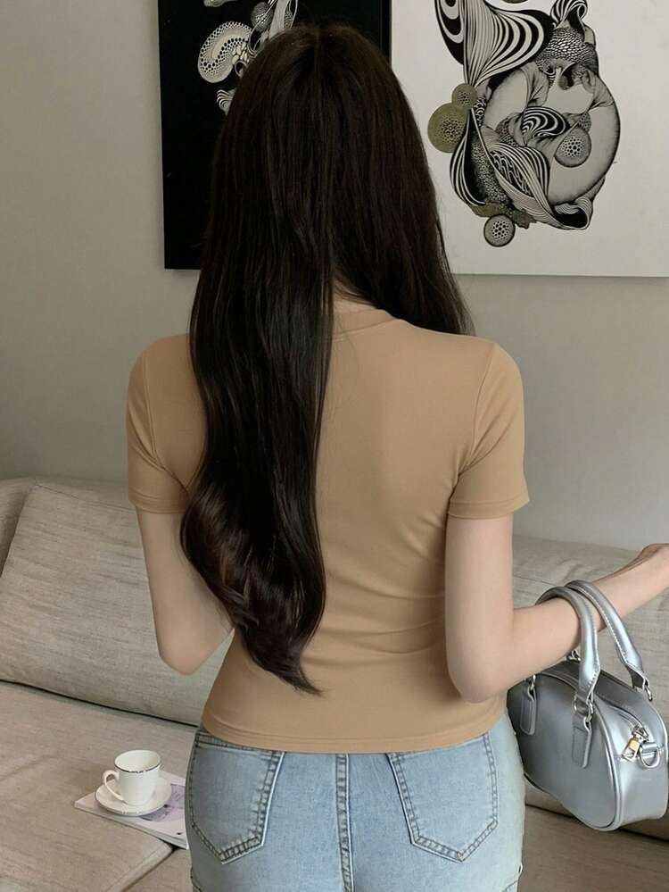 Women's Solid Color Minimalist Round Neck Short Sleeve T-Shirt, Casual Everyday Wear