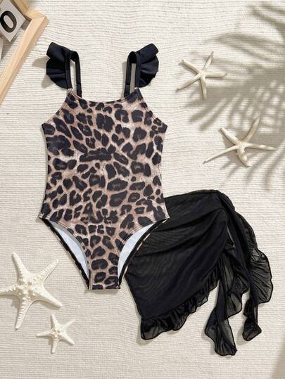 SHEIN 女童三件套：可爱荷叶袖豹纹吊带背心和短裤，面料柔软舒适，2026春夏新款，度假旅行必备，夏季穿搭