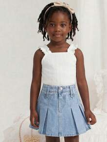 SHEIN Young Girl's Casual Pleated Denim Skirt, Summer - Light Wash - View 7