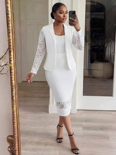 SHEIN Lady Bộ vest thanh lịch dành cho nữ cỡ lớn, cổ ve áo, tay dài, phối ren tương phản.