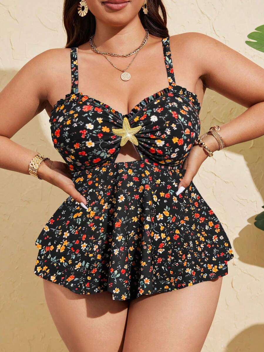 Swim Lushoire Bộ bikini 2 mảnh dành cho nữ cỡ lớn, màu trơn, gồm áo croptop hai dây và bikini trang trí kim loại. - Nhiều màu - Xem 1