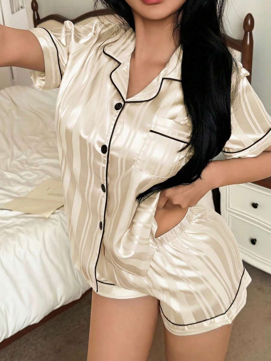 Napfluff 女士梭织提花条纹短袖短裤睡衣套装 - 杏色 - 查看 1