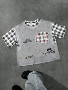 Manfinity EMRG Men's Round Neck Plaid Splicing Letter Graphic Distressed Casual Versatile Daily Wear Short Sleeve T-Shirt - Multicolor - View 1
