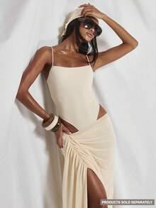 MUSERA Thin Strap Square Neck High Leg Fitted Bodysuit Coord Top Only Cute Holiday Sexy Night Out Vacation Spring Summer Elegant Soleil Drape - Apricot - View 1