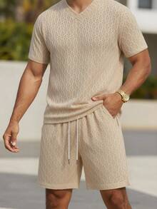 VENTUSAIL Bộ áo thun nam cổ chữ V tay ngắn màu trơn, thoáng khí, thích hợp mặc mùa hè. - Màu be - Xem 1