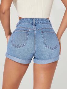 SHEIN PETITE Quần short denim nữ dáng suông, có túi và cúc, kiểu dáng thoải mái, phù hợp mặc hàng ngày. - Màu xanh bụi bặm - Xem 2
