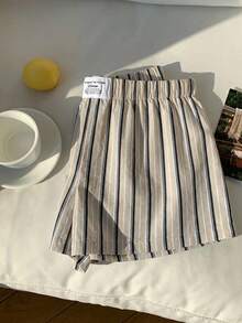 Comfortcana 女士夏季休闲度假通勤撞色条纹字母印花松紧腰宽松短裤 - 杏色 - 查看 5