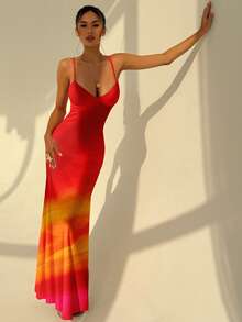 Aloruh 女士吊带系带修身日落橙色渐变印花连衣裙 - 夏季海滩度假装、春假装、热带岛屿婚礼装、周年纪念装、伴娘派对装、约会之夜装、性感婚礼装 - 彩色 - 查看 3