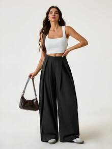 SHEIN Tall 女士夏季复古休闲嬉皮街头风宽松军绿色裤子 - 黑色 - 查看 5