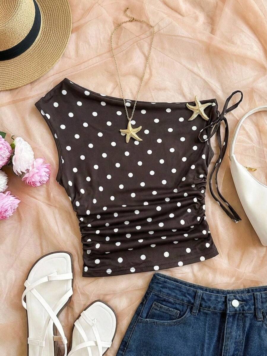 SHEIN Tween Girl Casual Polka Dot Asymmetric Shoulder Tank Top,Kids - Khaki - View 1