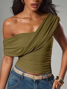 Hauture Blusa casual y sexy de unicolor con un hombro asimétrico y drapeado para mujer - Verde militar - Ver 6