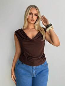 Auralis 大码纯色极简V领无袖背心 女式上衣 女式吊带背心 女式马甲衫 运动上衣 - 棕色 - 查看 2