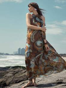 Aveloria Modichic Bohemian Style Chiffon Printed Halter Neck Tie Sleeveless Dress - Multicolor - View 3