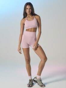 SHEIN Aralina-E 罗纹无缝露背吊带短款上衣高腰塑形运动套装女夏季服装健身骑行短裤 - 粉色 - 查看 9