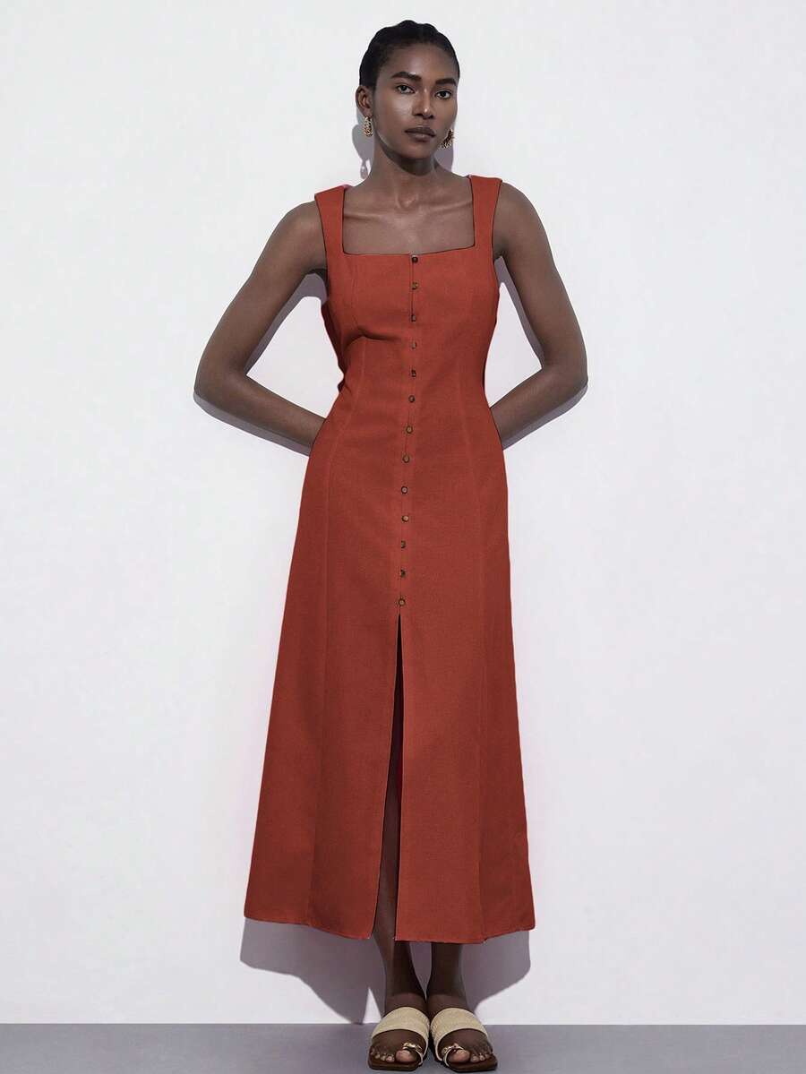 Aveloria Modichic Rust Brown,Summer,Effortless Chic,Brunch Square Neck Sleeveless Wide Strap Front Button Long Pink Dress,Linen-Like Flowing Skirt For Wedding - Brown - View 1