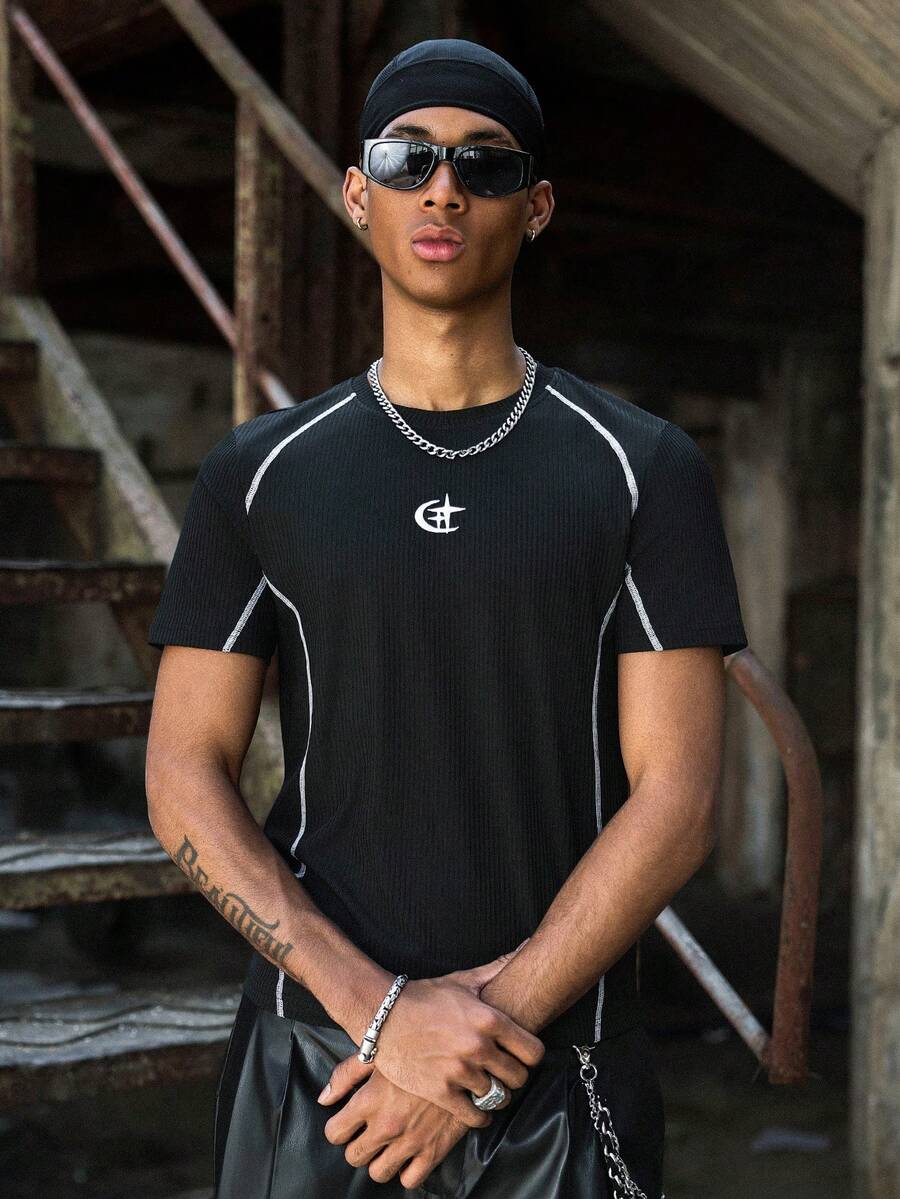 PAVTROS Men's Comfortable Star Print Contrast Stitching Slim Fit Short Sleeve T-Shirt Compression Shirts For Men Running Shirt For Men Rashguard For Men Pro Club Tshirt For Men - Black - View 1