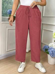 EMERY ROSE Plus Size Women Casual Solid Color Cotton Fold-Over Pants Fall - Pink - View 4