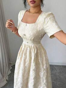 Elenzga 女士春夏新款优雅浪漫简约百搭情人节风高端提花面料粉色泡泡袖方领收腰A字长裙 - 杏色 - 查看 4