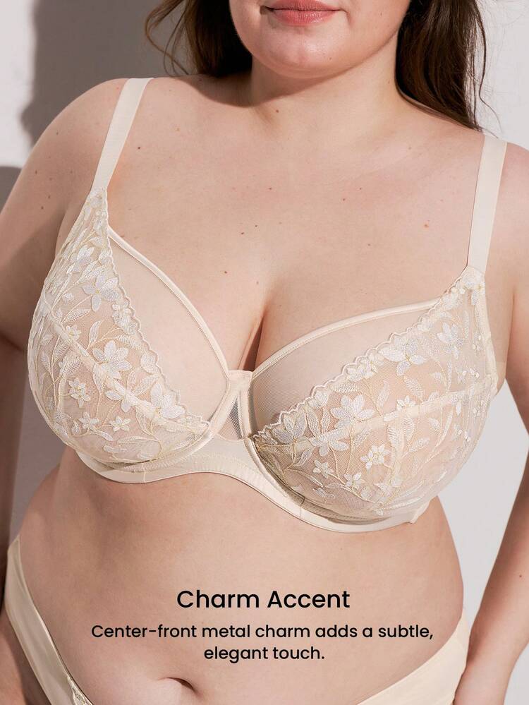 Plus Full Coverage Unlined Embroidered Lace Bra