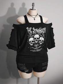 SHEIN ICON Áo thun nữ cỡ lớn in hình đầu lâu và chữ cái, kiểu dáng thường ngày, phong cách giản dị. - màu đen - Xem 4