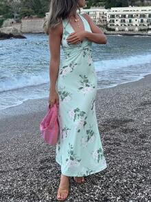 Firerie 女士优雅浪漫约会之夜派对生日聚会假日度假婚礼宾客圣帕特里克节V领露背印花修身A字长裙，绿色 - 綠色 - 查看 5