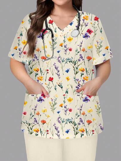 PopScrub Beige Pflegeuniformen-Top in Große Größen mit V-Ausschnitt, Kurzarm, Doppeltasche und Blume Muster, Arbeitskleidung für Gesundheitspersonal, Tiermedizinische Techniker, Ernährungsberater, Laborkittel, Sommerbluse in Große Größen