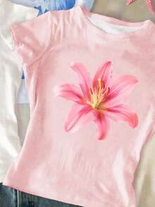 SHEIN Chill Vacation 热带花卉、芙蓉、鸡蛋花、海星、贝壳海岸图案修身款青少年女孩 3 件套圆领短袖 T 恤，舒适休闲，白色、浅粉色、浅蓝色，夏季 - 彩色 - 查看 4