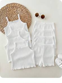 Baby Girl Solid Color Ribbed Camisole And Shorts Casual Set - Multicolor - View 1