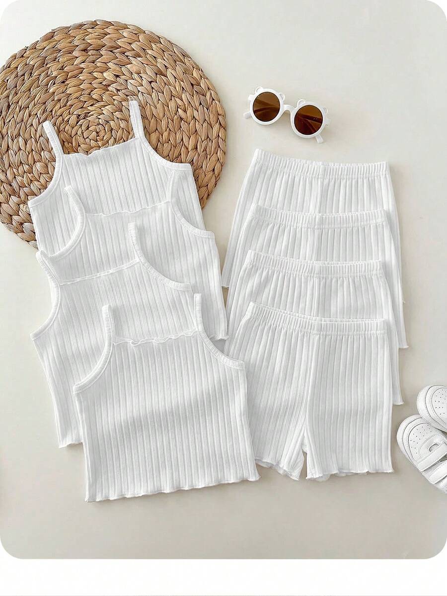 Baby Girl Solid Color Ribbed Camisole And Shorts Casual Set - Multicolor - View 1